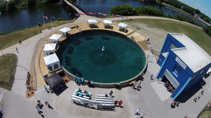 An aerial view of a pool used for dive training