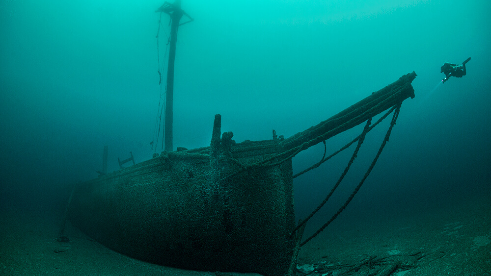 A diver swims near a shipwreck