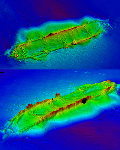 a scan of a shipwreck, the wreck appears in green against a blue background