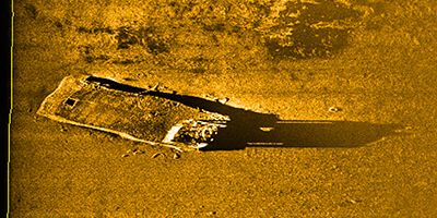 a sonar scan of a boxy looking shipwreck