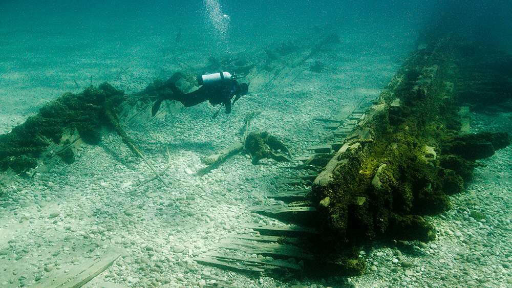 a diver swims above wooden remnants of a shipwreck