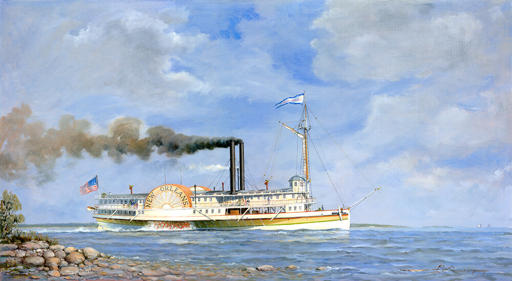 a painting of a white steam ship with a wheel