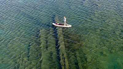 A paddleboarder in shallow water with a shipwreck visible beneath the surface
