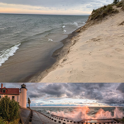 A sandy beach and a lighthouse