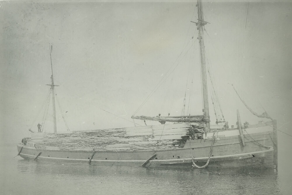 Black and white photo of a two masted ship