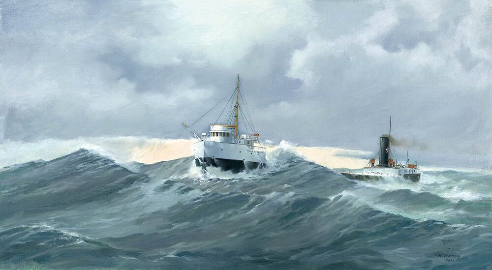 A painting of a ship on the water
