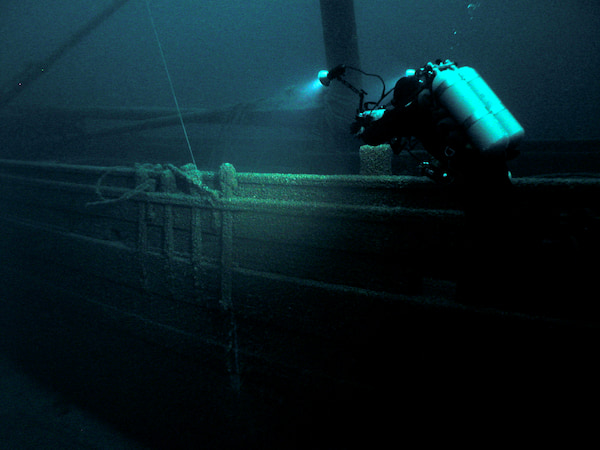 A technical diver photo documents Cornelia B. Windiate ship